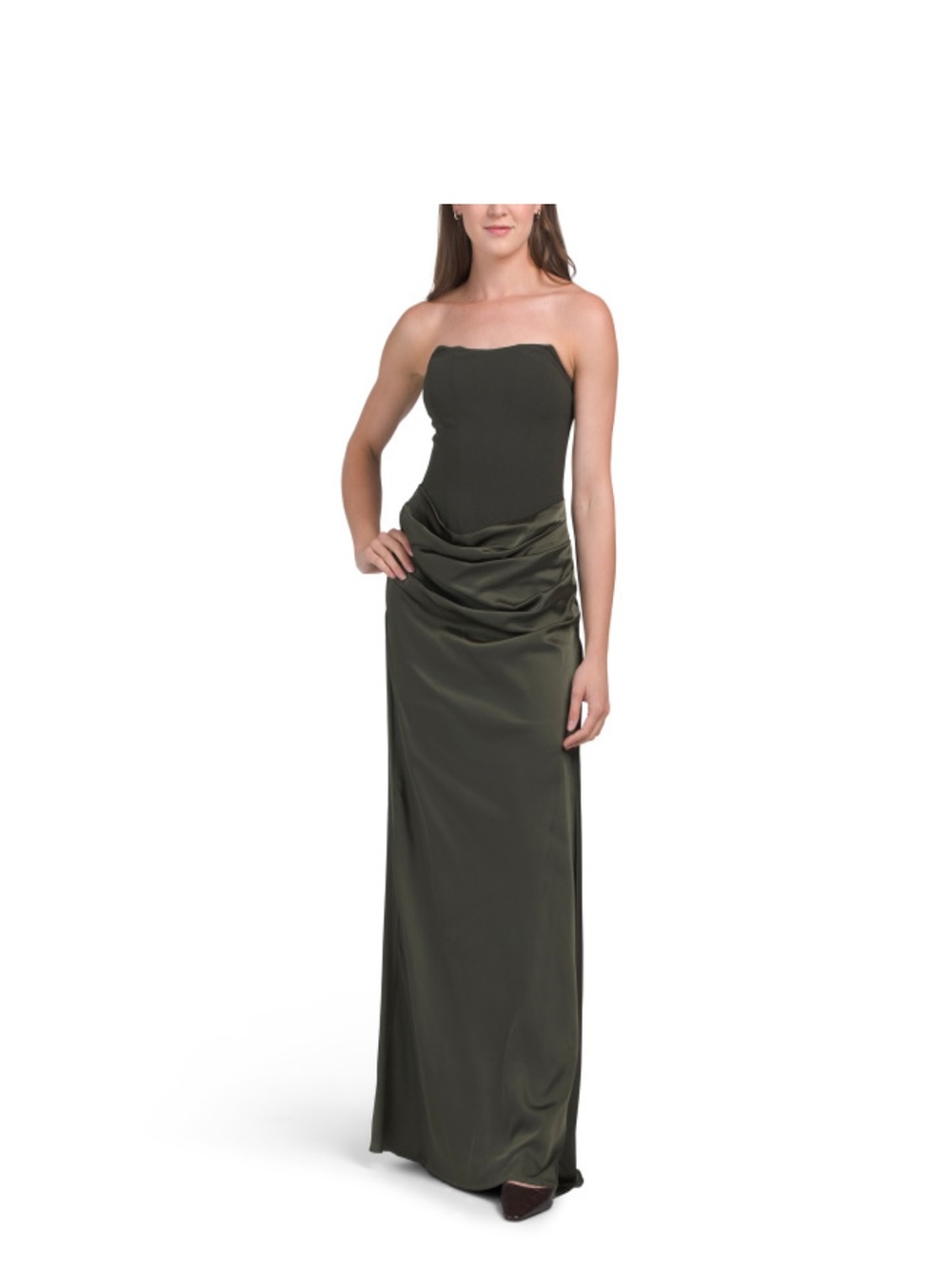 REVOLVE Olive Green Strapless Satin Maxi Dress